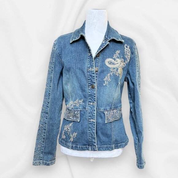 Vintage Live A Little Denim Embroidered Jacket Y2K Retro Cowboy Glam Western Med - Picture 1 of 11